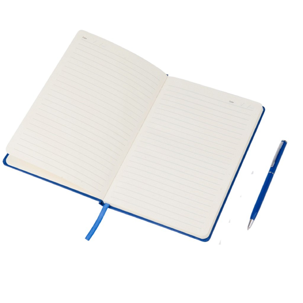 Blue notebook Open View with a pen beside it