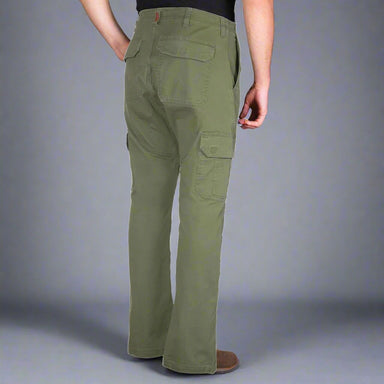 Back view of fatigue coloured cargo pants worn by a model 