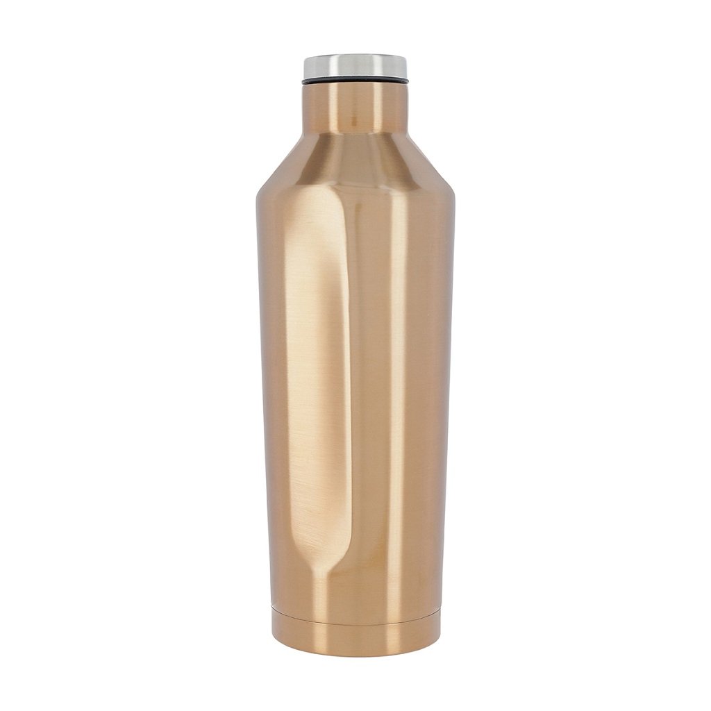 Gold stainless steel bottle with the lid on 