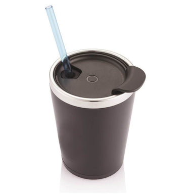 Top view of a tumbler with a light blue straw in it