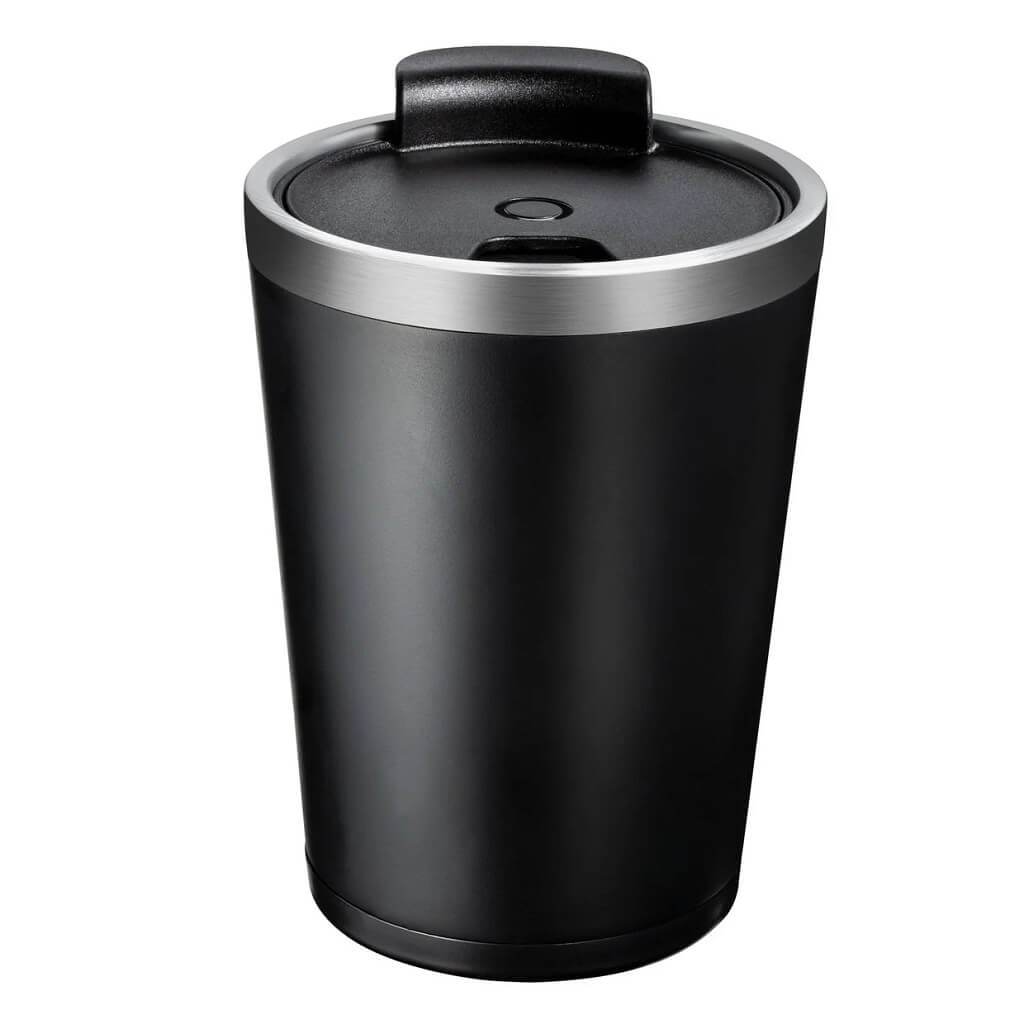 Side view of a black and silver tumbler with its lid on