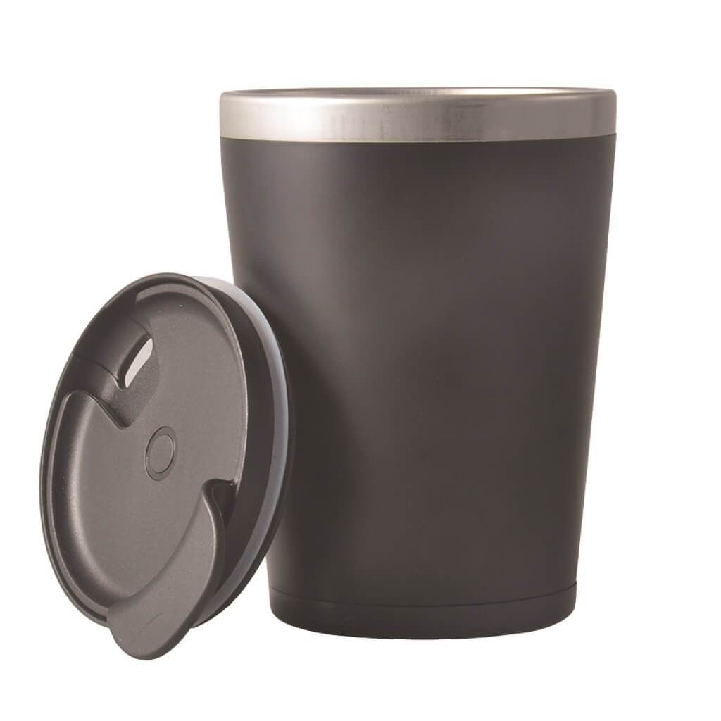 Side view of a black and silver tumbler with its lid off