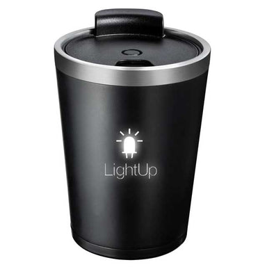 Side view of a tumbler with a lit up logo on its side
