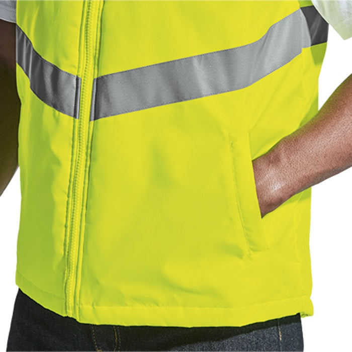 Front zip, pocket and reflective detail of a high visibility bodywarmer or sleeveless jacket