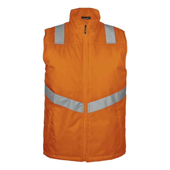 The front side of an orange high-visibility reflective bodywarmer or sleeveless jacket