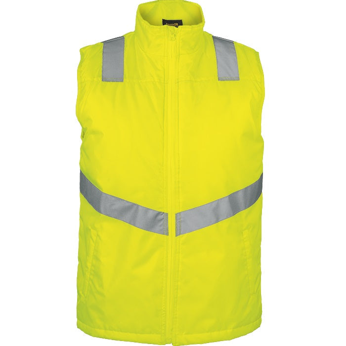 The front side of a yellow high-visibility reflective bodywarmer or sleeveless jacket