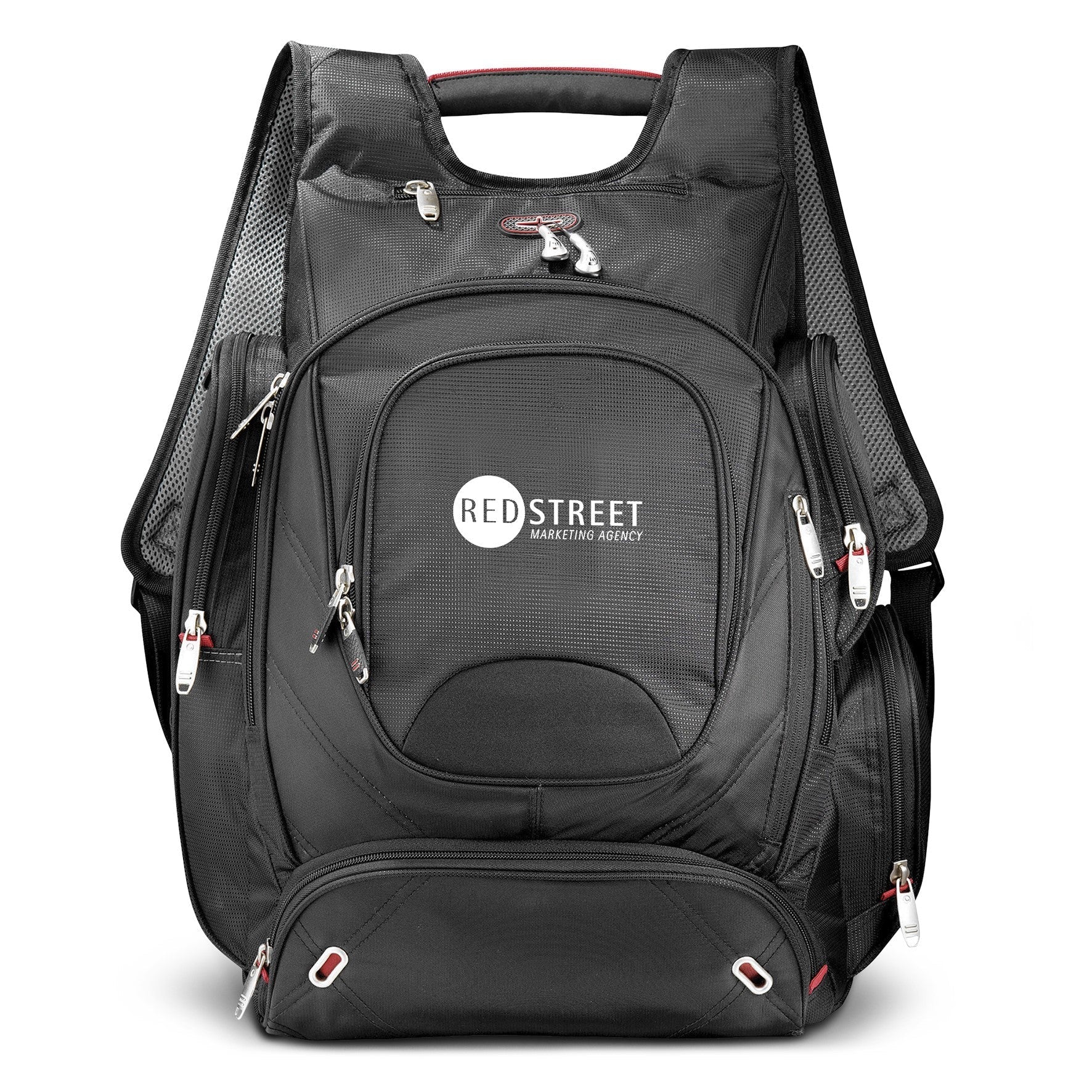 A black technology backpack branded in one colour