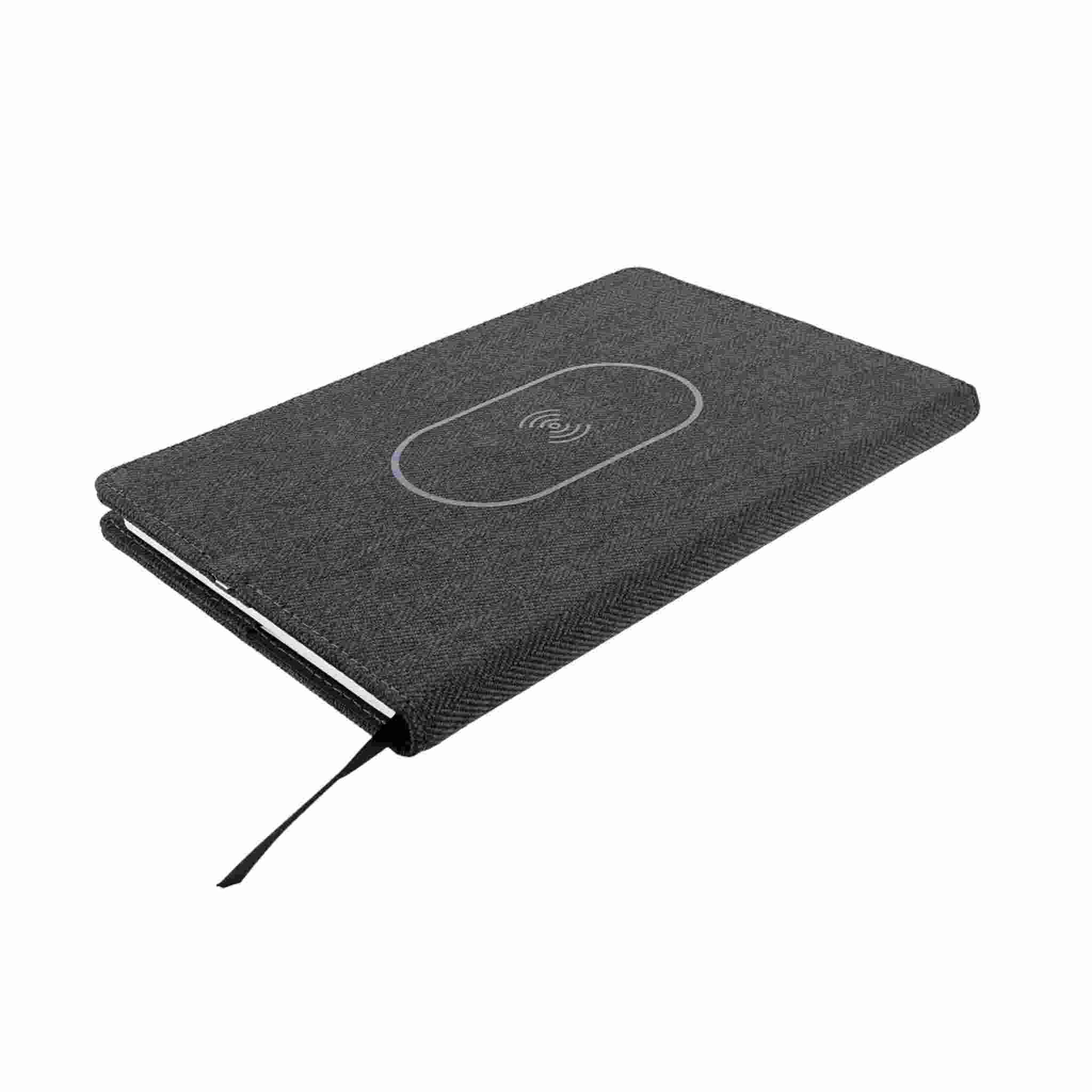 A5 Refillable Notebook With Wireless Charger showing wireless charging emblem