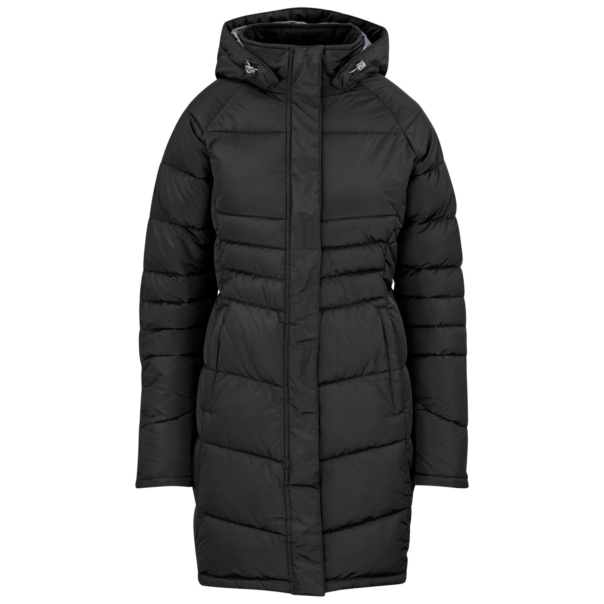Black knee-length padded ladies winter jacket