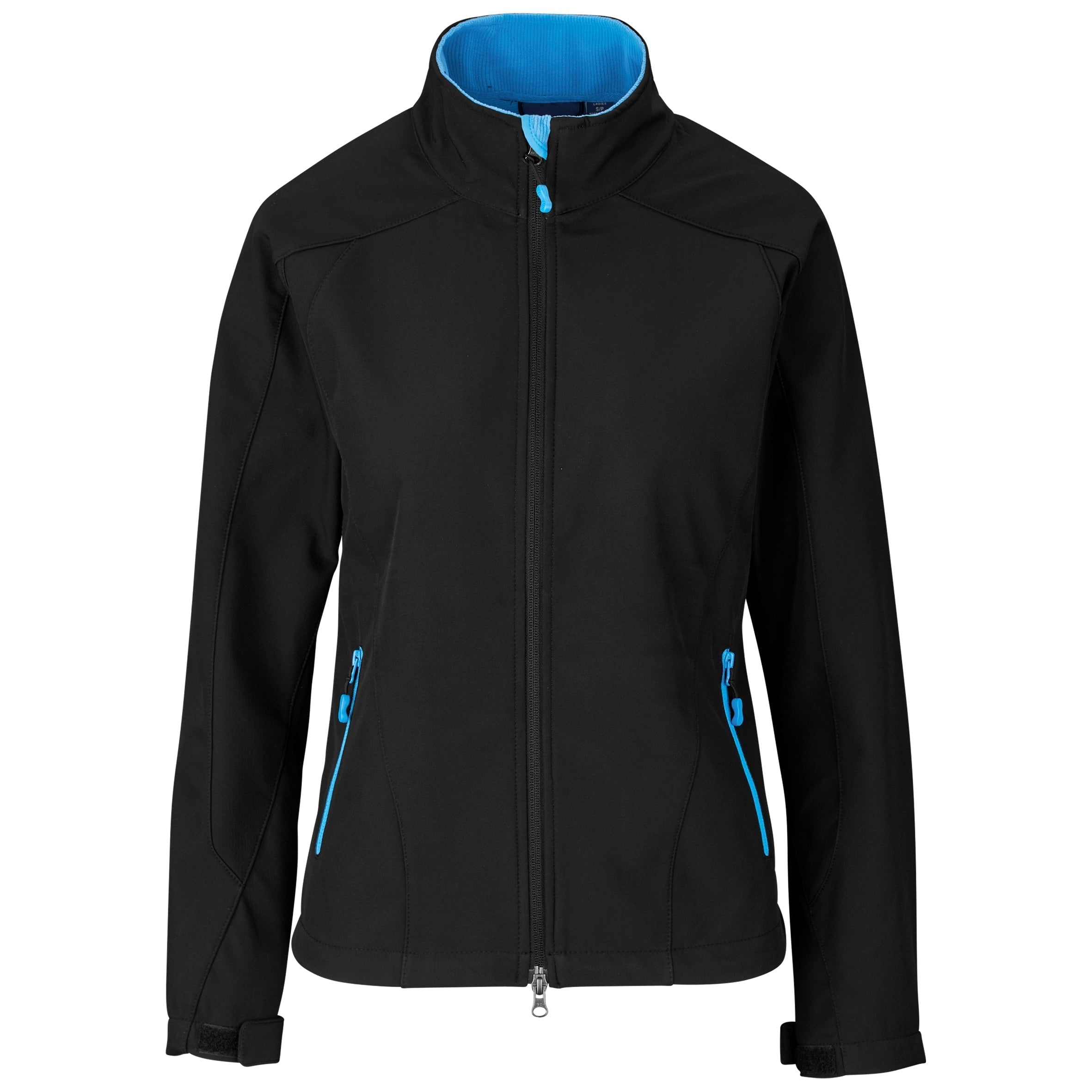Ladies Geneva Softshell Jacket-L-Black With Cyan-BLC