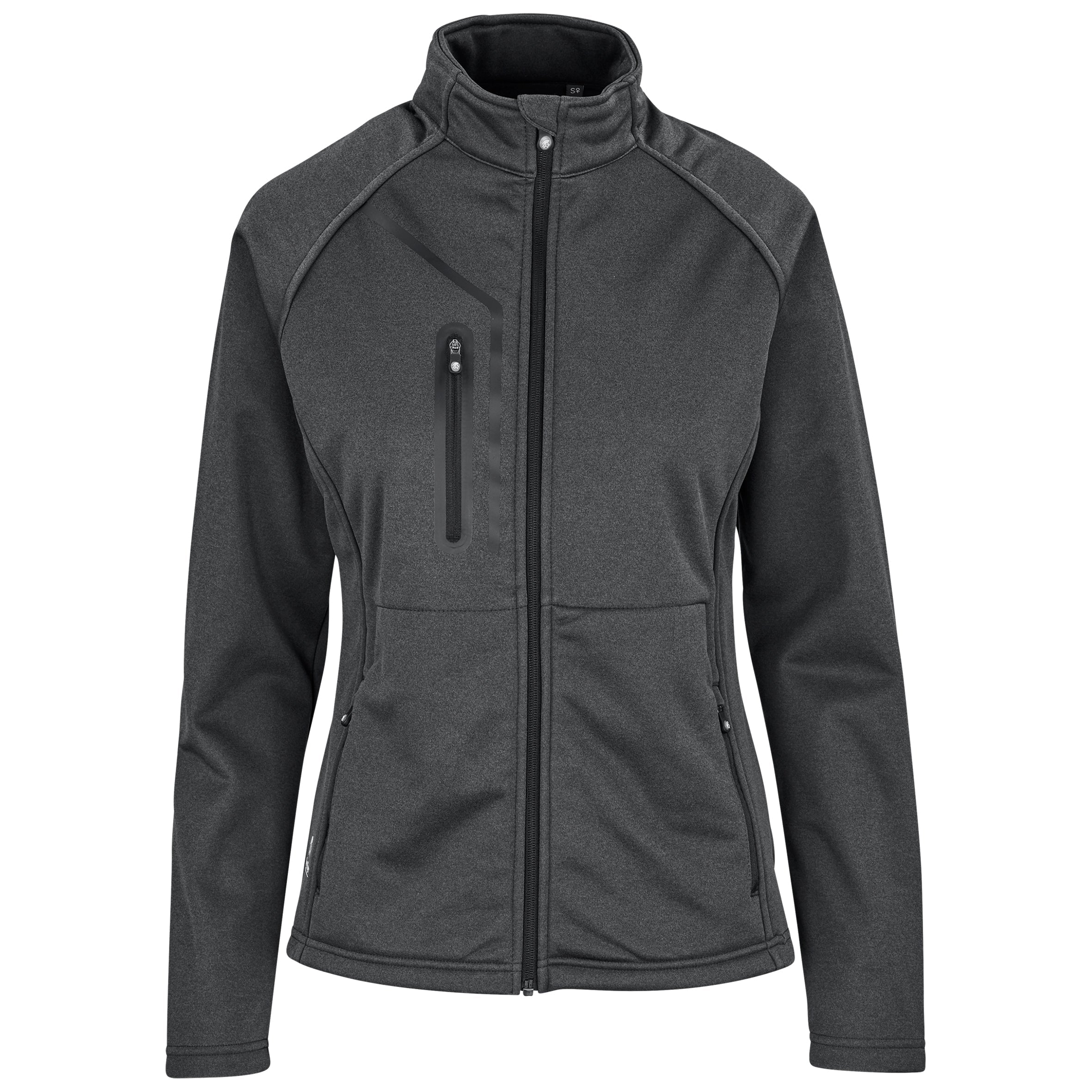 A dark grey ladies jacket with a full length zip, right chest zip in softshell fabric