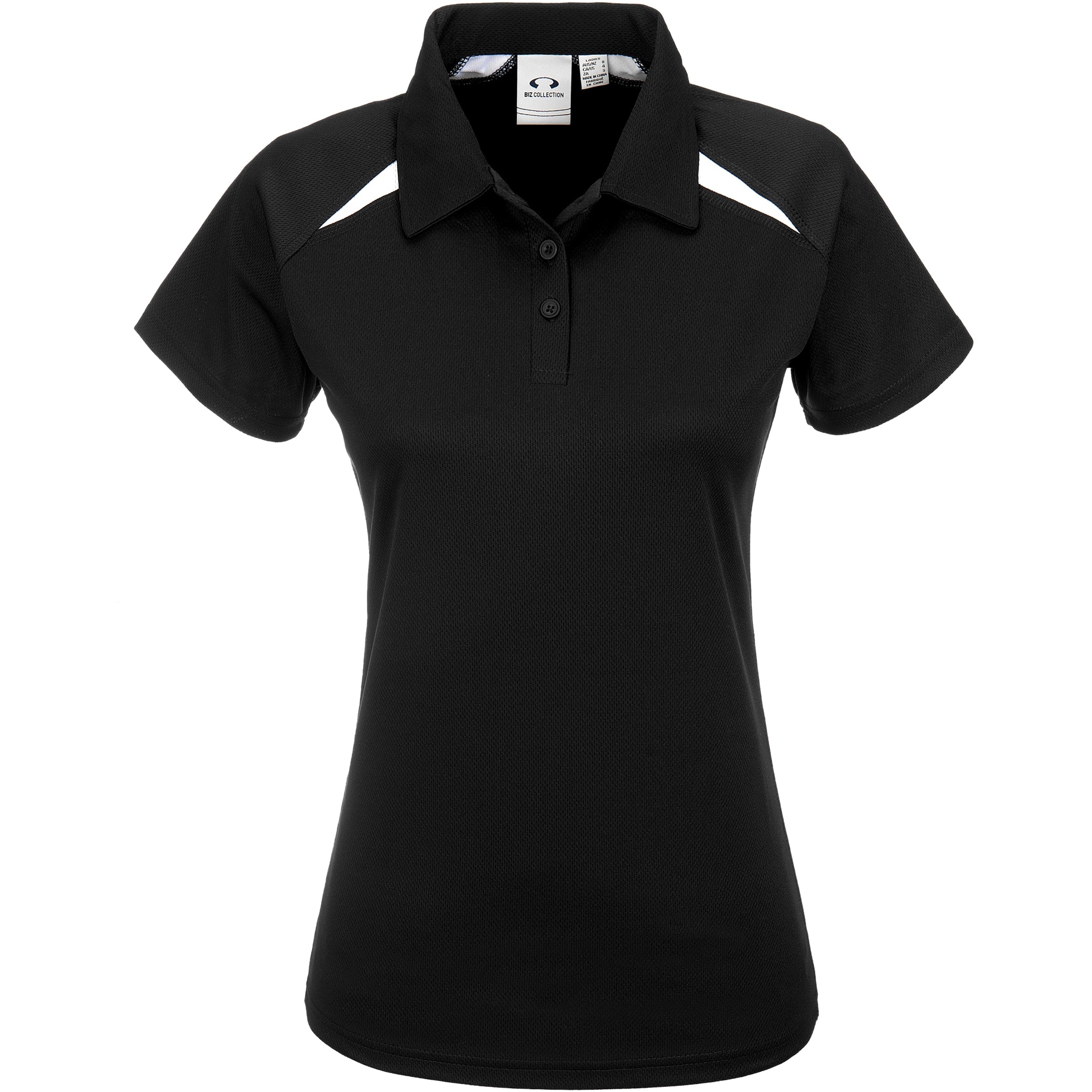 Ladies Splice Golf Shirt-L-Black With White-BLW