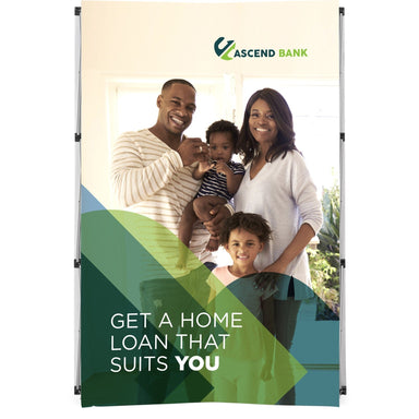 A banner wall backdrop display with photo graphics printed on it showing a young family 