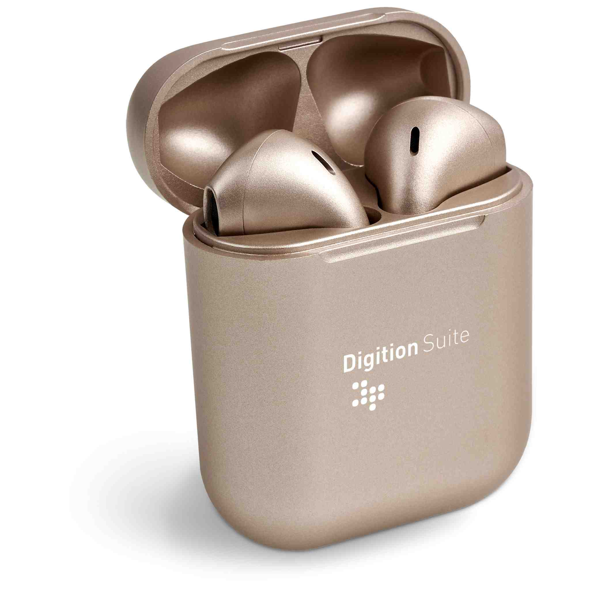 Rose gold wireless earbuds positioned in container branded