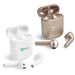 Rose gold and white true wireless earbud sets shown side by side. Both sets have their earbuds positioned outside their respective containers