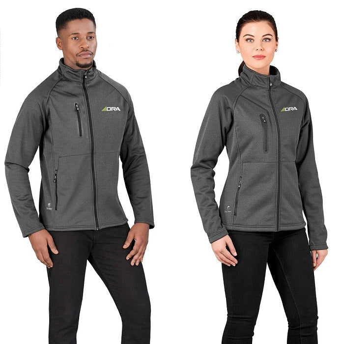 A man and a woman wearing softshell dark grey jackets with right chest and full zippers.