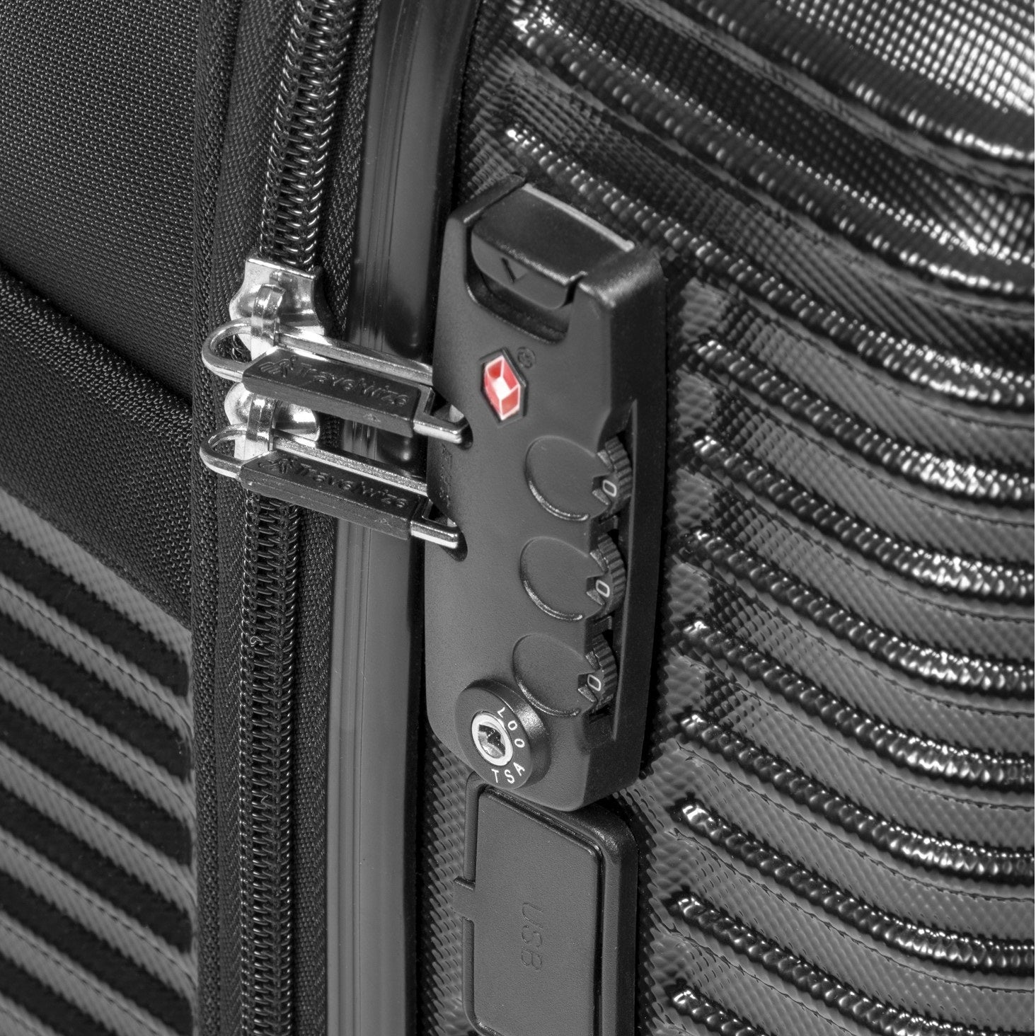 Close up of locking mechanism of cabin trolley case