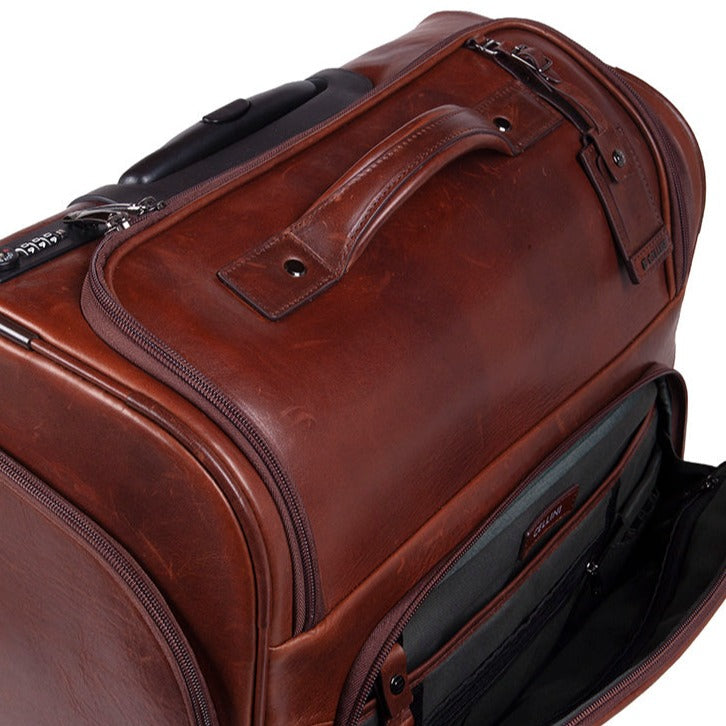 Premium pilot case in polished brown leather open profile