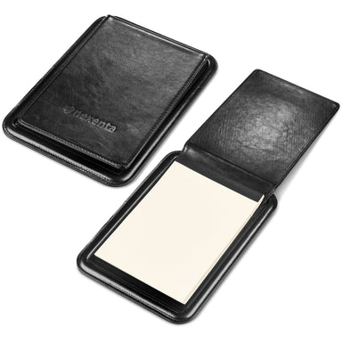 Open and closed black desktop leatherette notepad