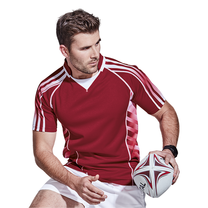 Rugby player in action with a rugby ball and wearing a red rugby shirt.