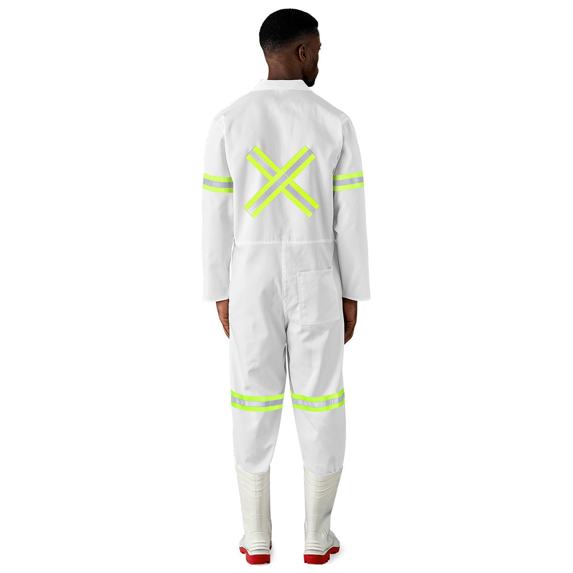 Safety Polycotton Boiler Suit - Reflective Arms Legs & Back - Yellow Tape-32-White-W