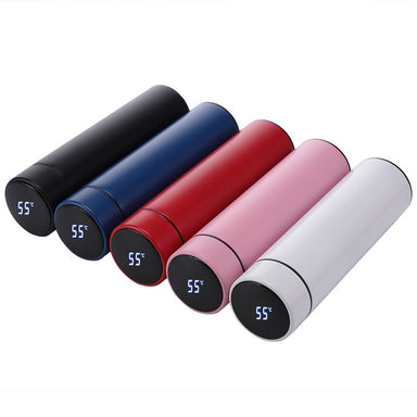 A collection of smart thermos flasks showing all the colur available - Black, Blue, Red, Pink and White
