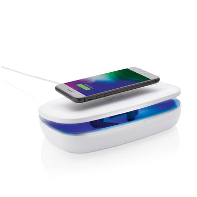 Semi-Closed Sterilization Box with 5W Wireless Charger and a mobile phone and earbuds being sterilized