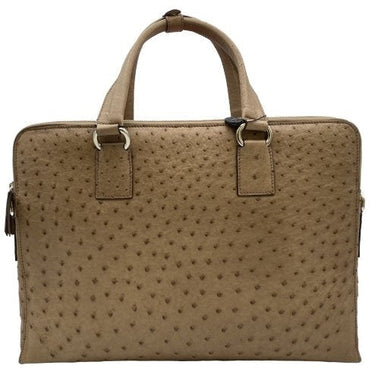 Genuine sustainably farmed African ostrich leather laptop bag presented closed and upright in a taupe colour