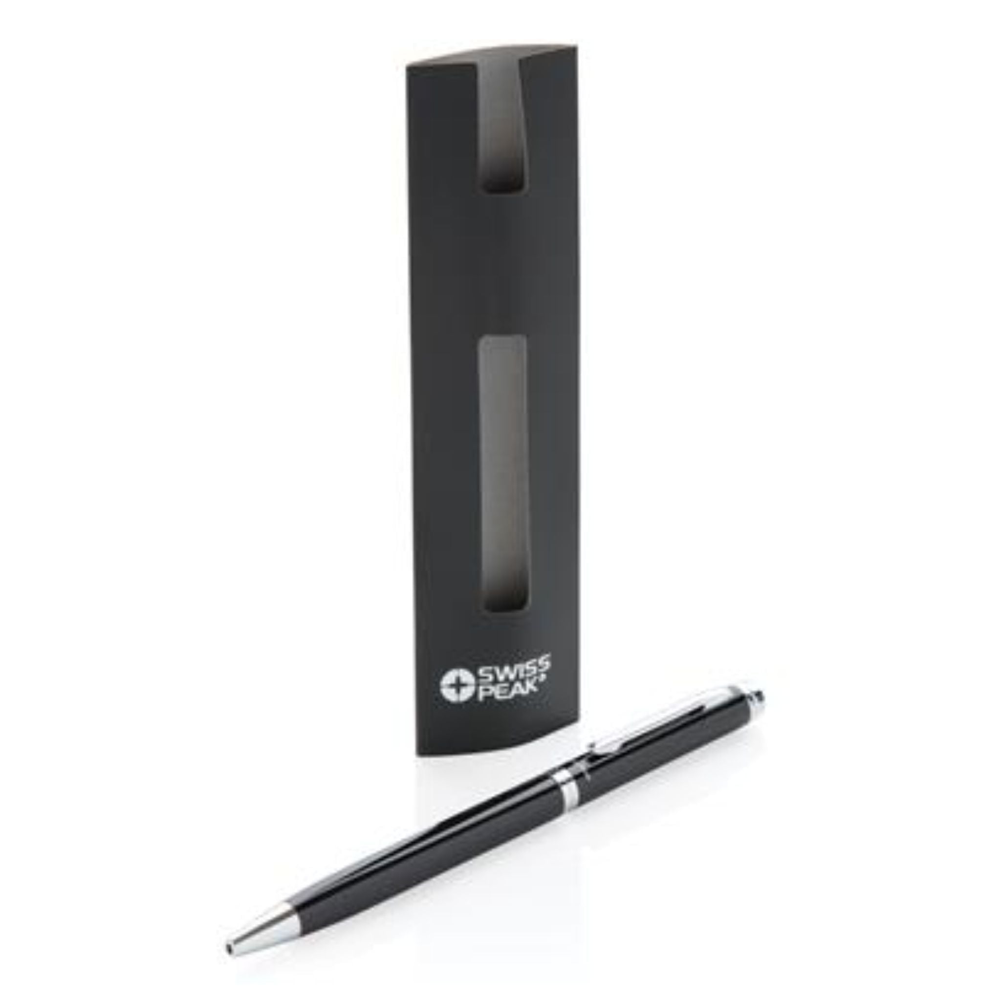 Black and silver pen showing its packaging puch