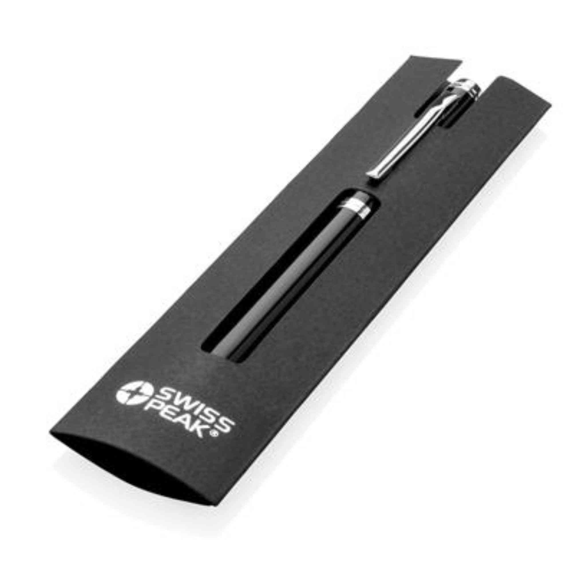 Black and silver pen shown inside a pouch