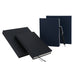 Two sets of notebooks, blue and black with a metal ballpoint pen
