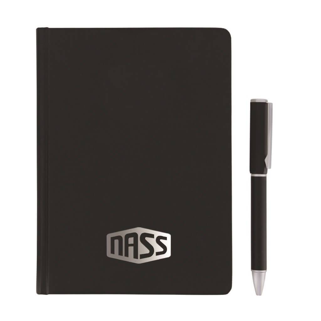 Branded example of a black notebook with a metak ballpoint pen