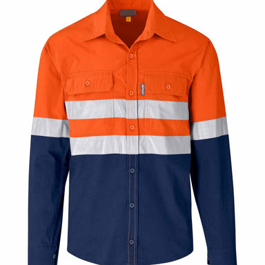 This is a long sleeved reflective work shirt with a bright orange top portion and a navy bottom portion. Grey reflective stripes are show on the front and arms of the shirt.