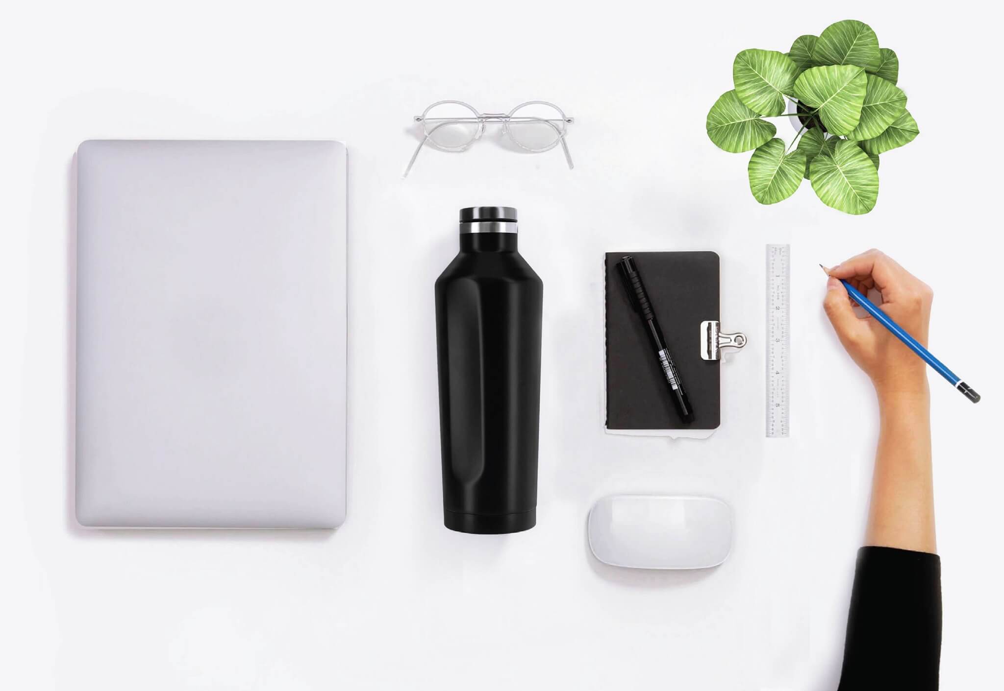 Black stainless steel bottle combined with other office accessories