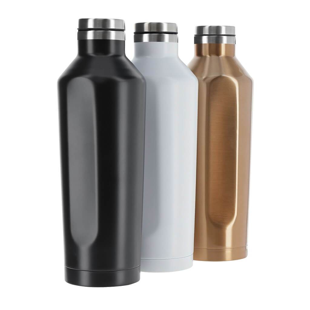 Set of three stainless steel bottles black white and gold