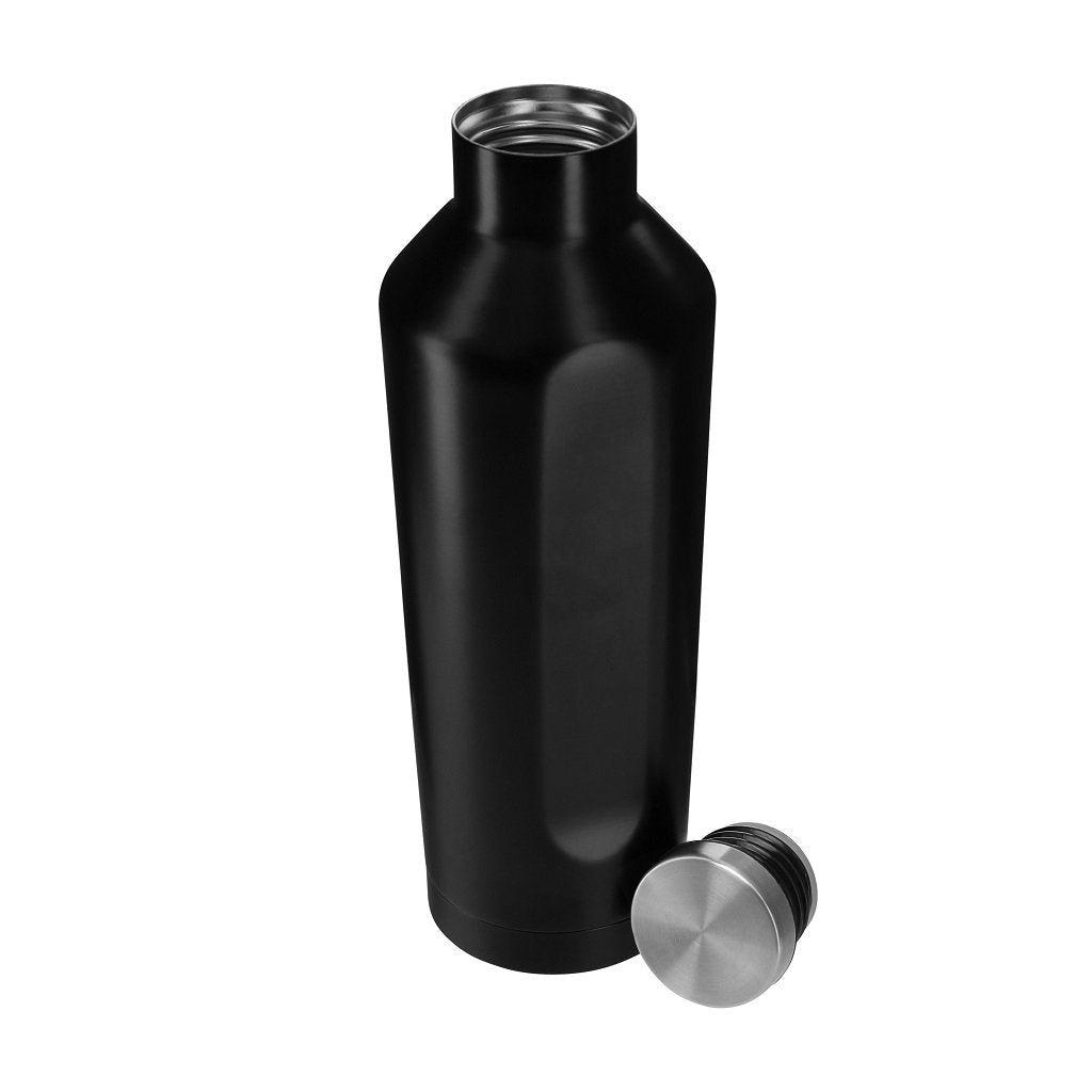 Black stainless steel bottle with the lid off