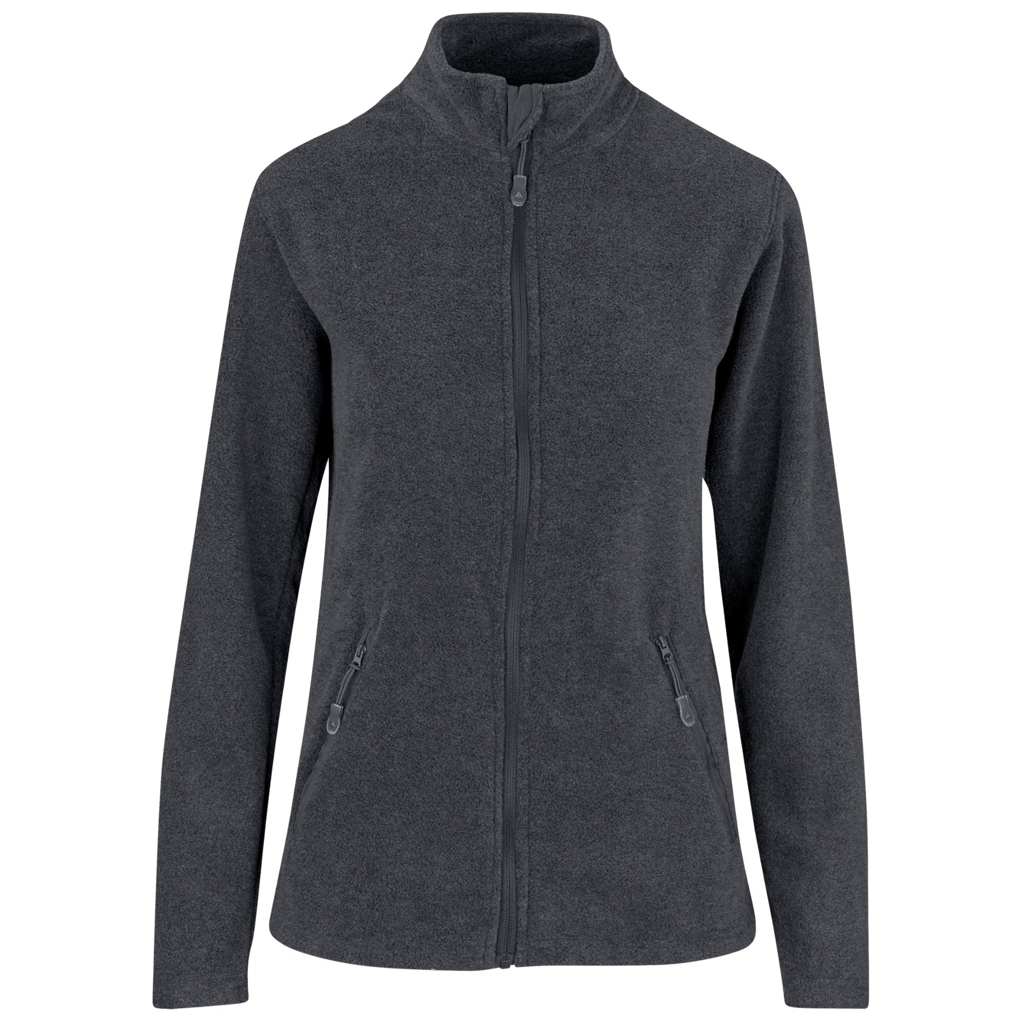 Front view of a ladies charcoal-coloured micro fleece jacket.