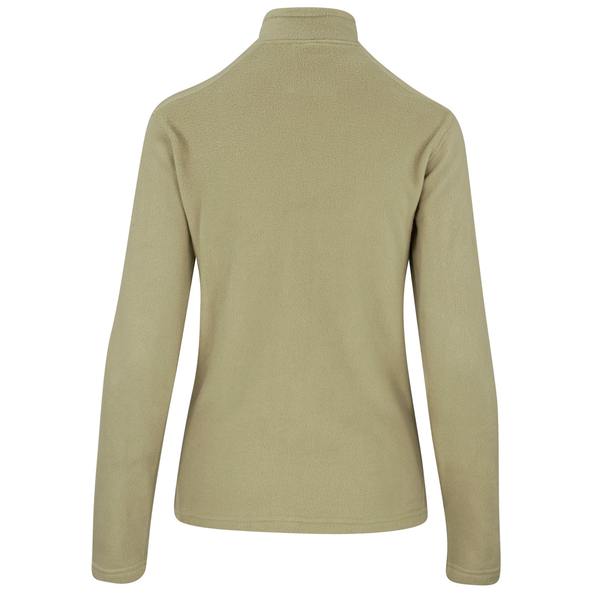 Back view of a ladies stone-coloured micro fleece jacket.