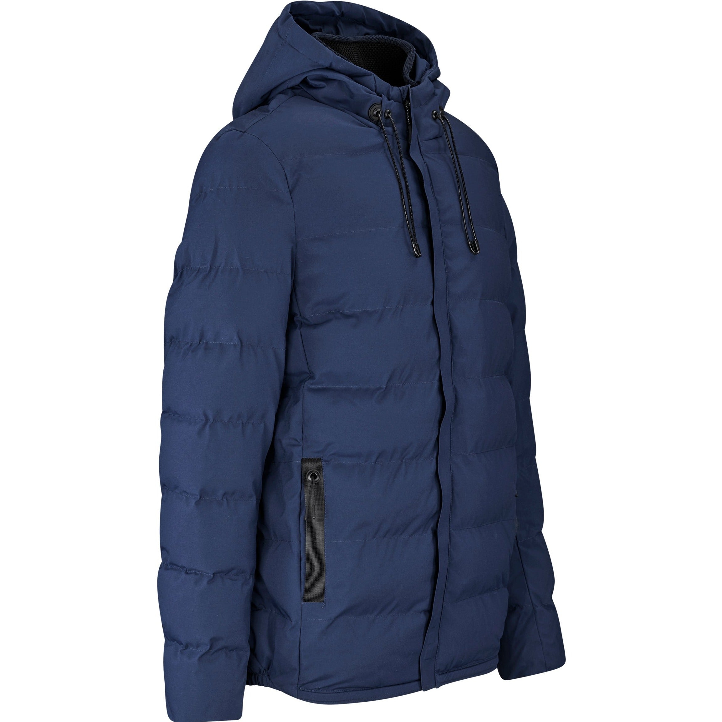 Side elevation of a blue mountain jacket on a white background