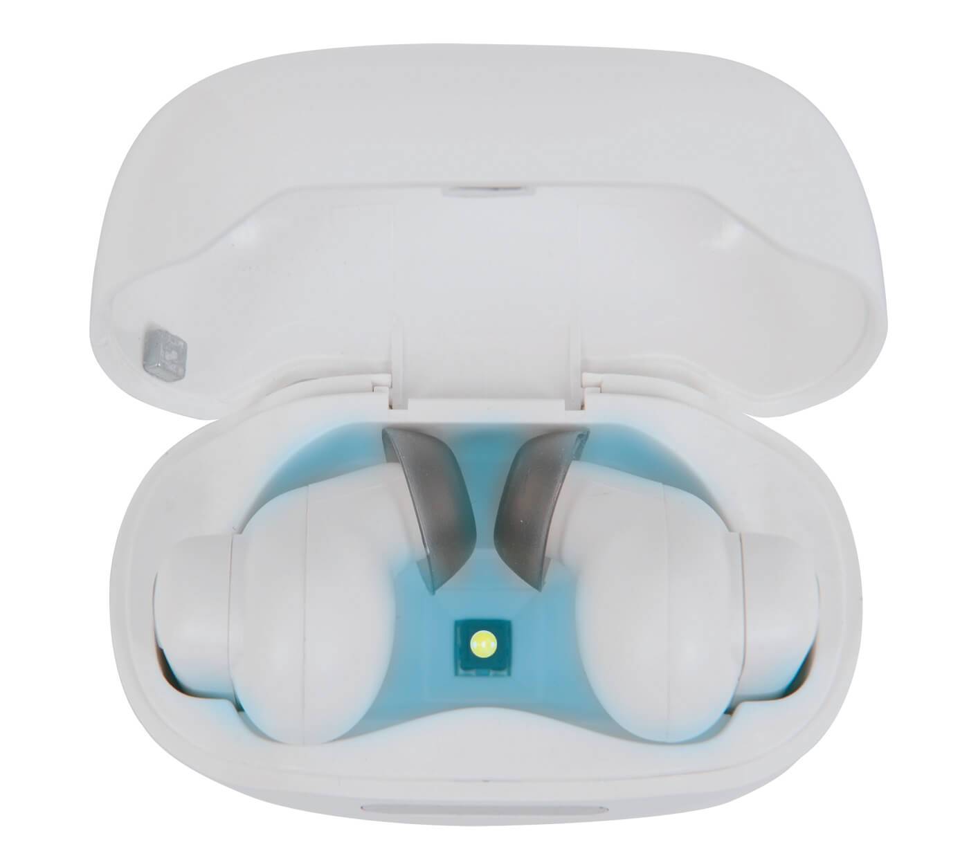 Open view of sterile wireless earbuds inside a sterilization case with blue UV-C light showing