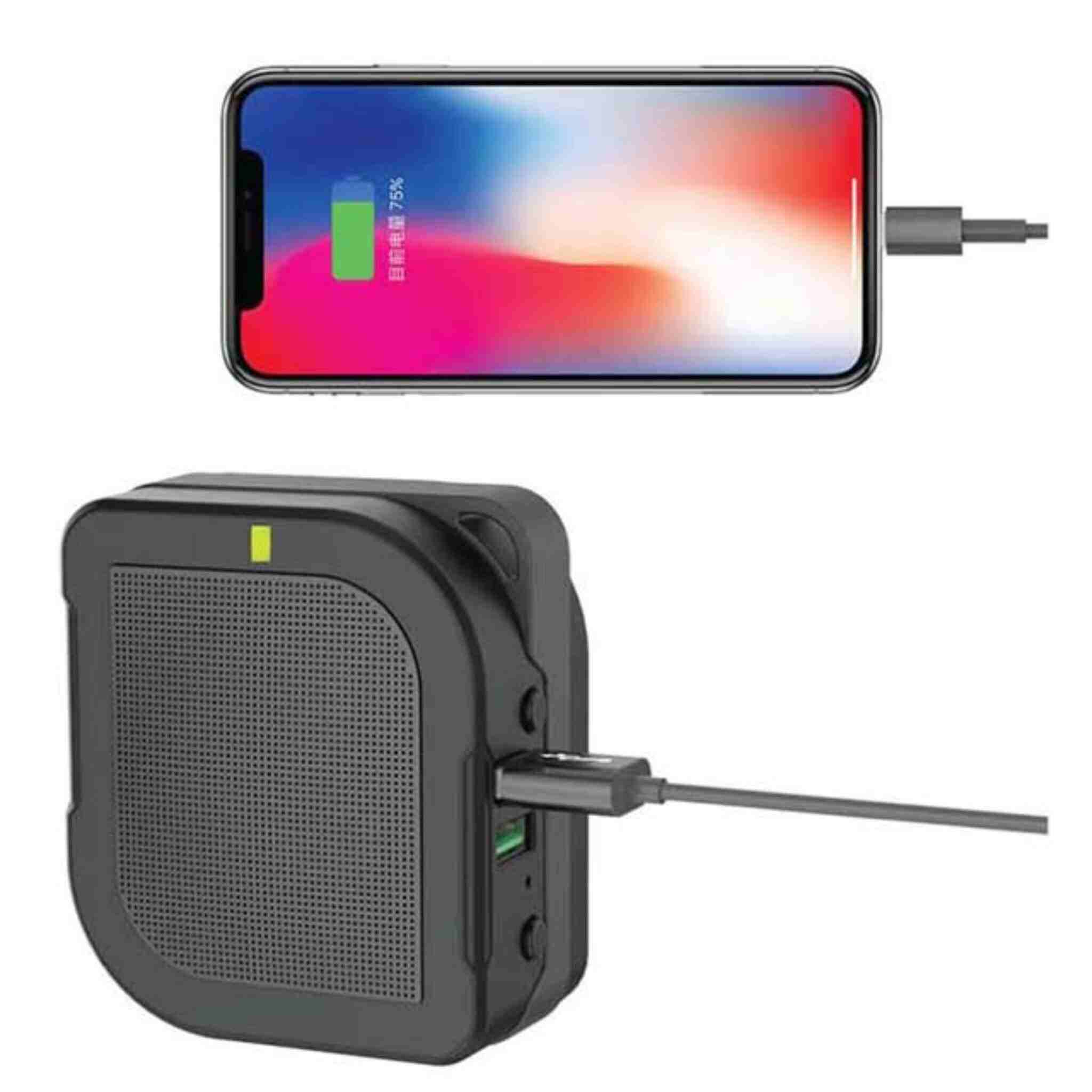 All-in-one Travel Adapter, Bluetooth-Speaker & Powerbank Charging a mobile phone via a cable